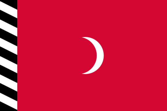 Historical flag of Maldives featuring a red field with a white crescent moon and black and white stripes on the left border.