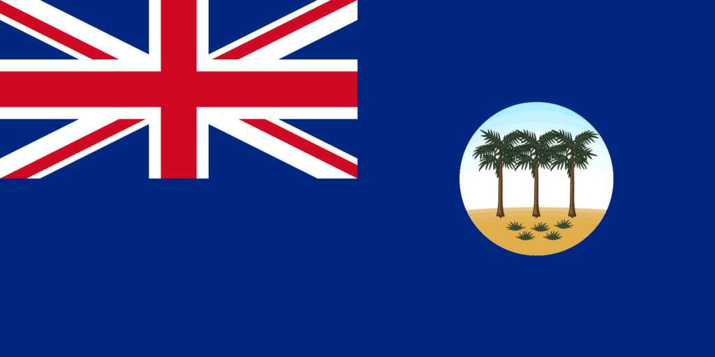 Historical flag of Samoa with the Union Jack in the top left corner and a depiction of palm trees on a white circle against a blue background.