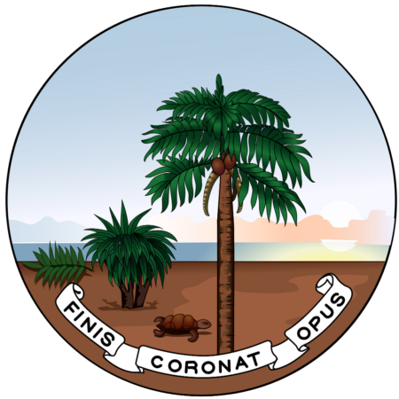 Illustration of the historical coat of arms of Seychelles featuring a palm tree, two smaller trees, the sea, a tortoise, and a banner with the Latin phrase "Finis Coronat Opus."