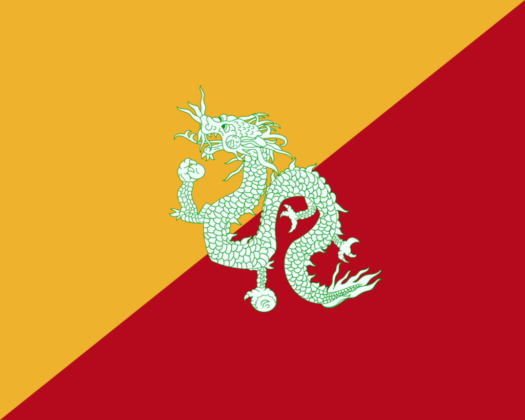 Flag of Bhutan featuring a white dragon in the center with a background of diagonal yellow and orange sections.