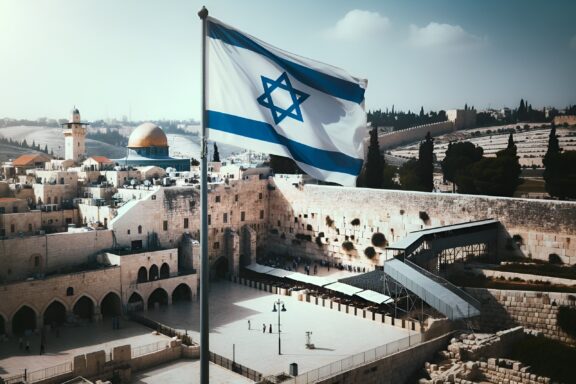 Israel flag, framed by Jerusalem in the background