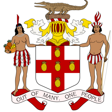 Coat of arms of Jamaica featuring a shield with a red cross and five golden pineapples, a crocodile on top of a helmet, and two indigenous people as supporters, one holding a bow and the other a pineapple, with the motto "Out of Many, One People" on a scroll below.