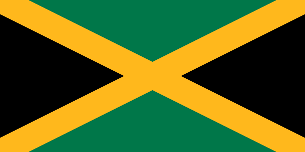 Jamaican flag with a diagonal gold cross dividing four triangles of green and black.