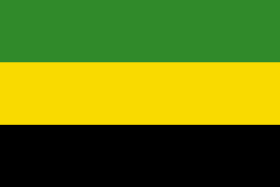 Green, yellow, and black horizontal striped flag, a proposed design for the Jamaican flag.