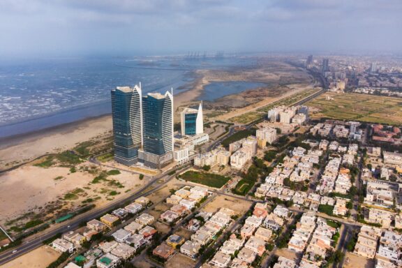 An aerial view of Karachi, Pakistan on the Arabian Sea coastline.