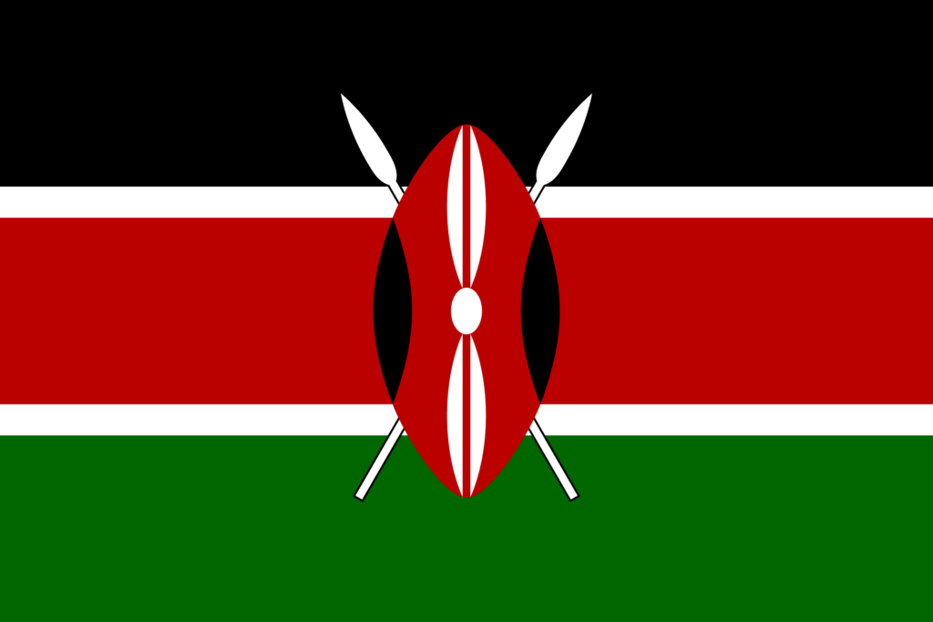 Flag of Kenya with horizontal stripes in black, red, white, and green, with a Maasai shield and two crossed spears in the center.