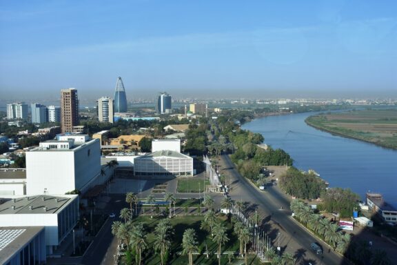 Aerial View of Khartoum Cityscape and River The expansive Khartoum with Nile River making its way through the city