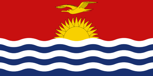 Flag of Kiribati with a yellow frigatebird flying over a rising sun on a red background above blue and white wave stripes.