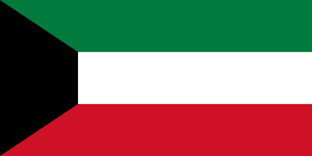 Flag of Kuwait with a horizontal layout, featuring a black trapezoid on the left and green, white, and red horizontal stripes.