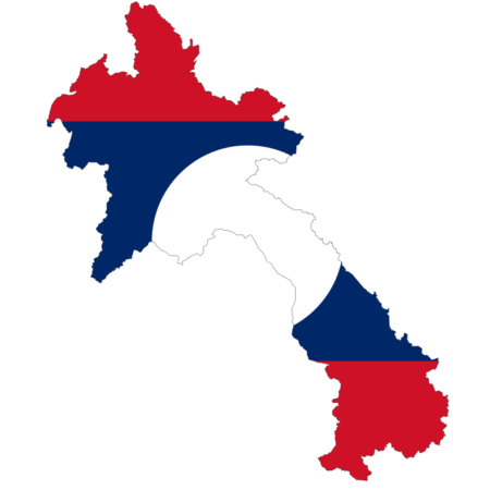 Map of Laos with the Laotian flag overlaying the country's shape.