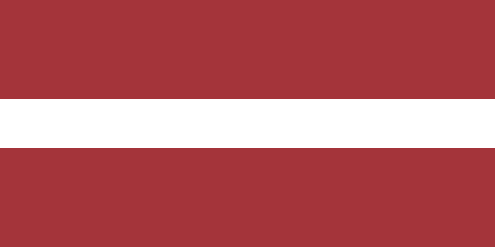 Flag of Latvia with a horizontal white stripe centered on a maroon background.