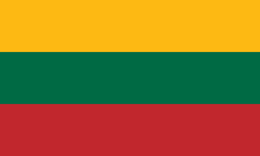 Official flag of Lithuania with horizontal stripes in yellow, green, and red.