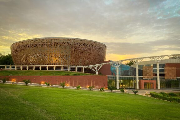 Sunset View of Modern Conference Centre with Unique Facade Mahatma gandhi conversion hall situated in the heart of niamey