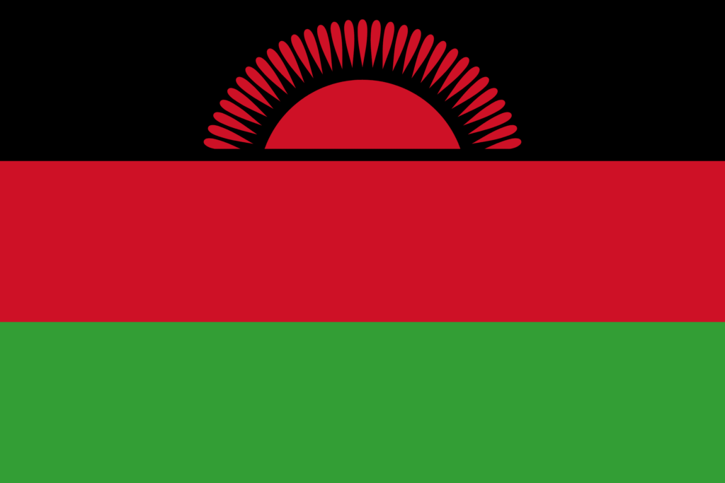 Flag of Malawi with a rising sun over horizontal stripes of black, red, and green.