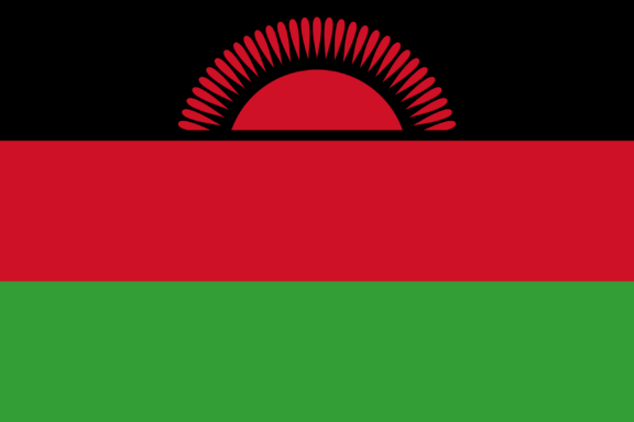 Flag of Malawi with a rising sun over horizontal stripes of black, red, and green.