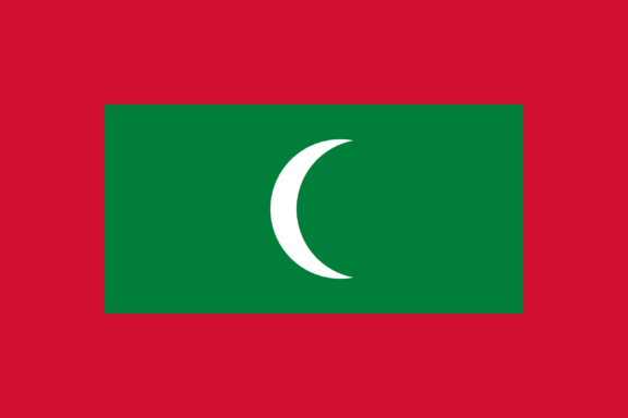 Flag of the Maldives with a red background, a green rectangle in the center, and a white crescent moon.