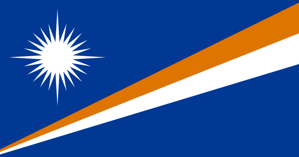 Flag of the Marshall Islands with a blue field, diagonal orange and white stripes, and a white star with 24 points.