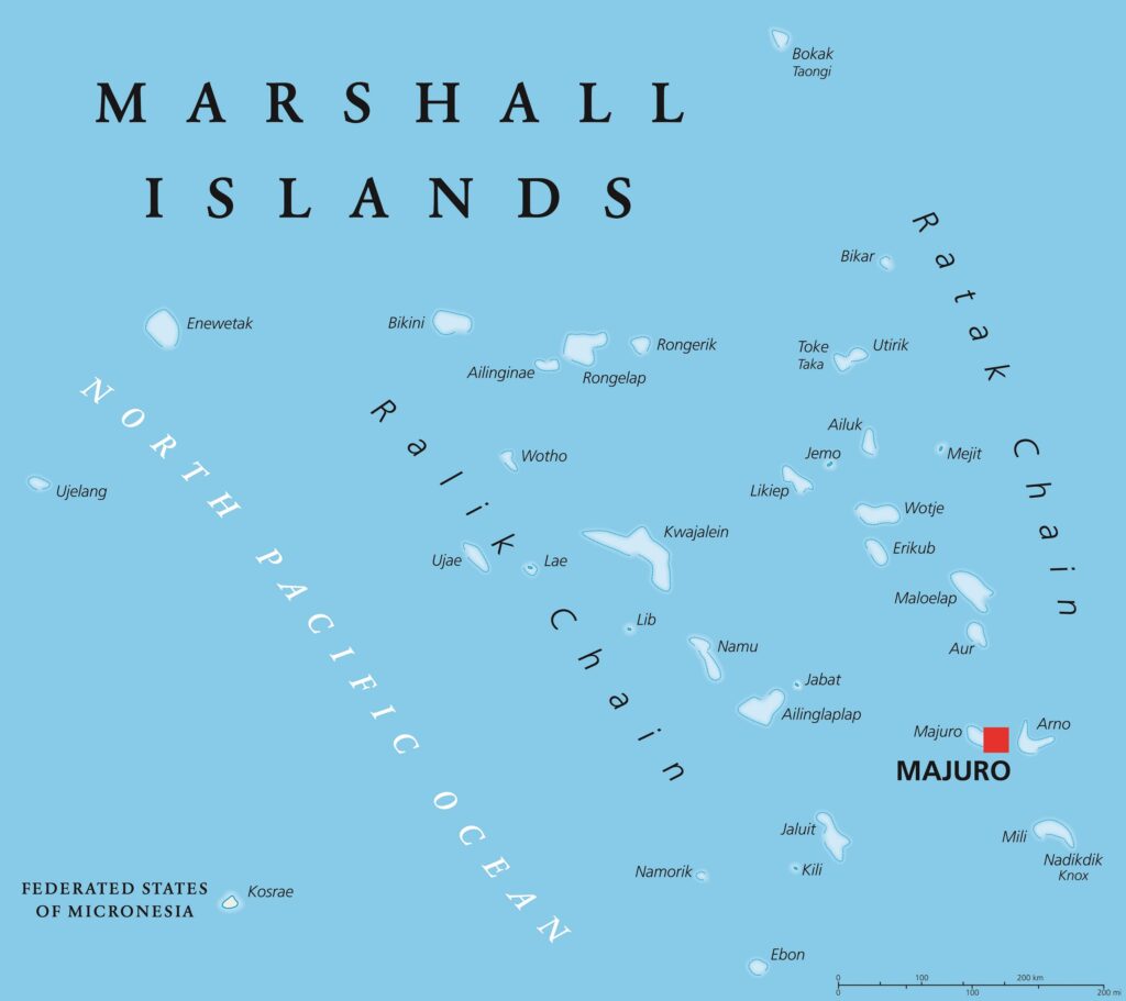 Map of the Marshall Islands in the Pacific Ocean The map of Marshall Islands, with Majuro marked as the capital