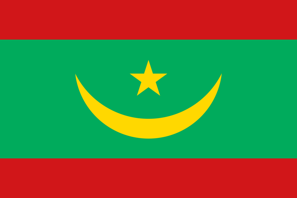 Flag of Mauritania consisting of green background with a horizontal red stripe at the top and bottom, a yellow crescent moon, and a yellow star in the center.