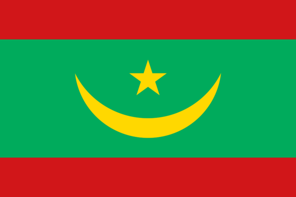 Flag of Mauritania consisting of green background with a horizontal red stripe at the top and bottom, a yellow crescent moon, and a yellow star in the center.