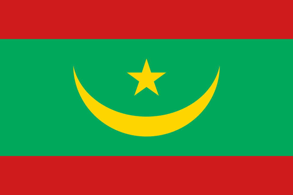 Flag of Mauritania featuring a green background with a horizontal red stripe at the top and bottom, a yellow crescent moon, and a yellow star in the center.