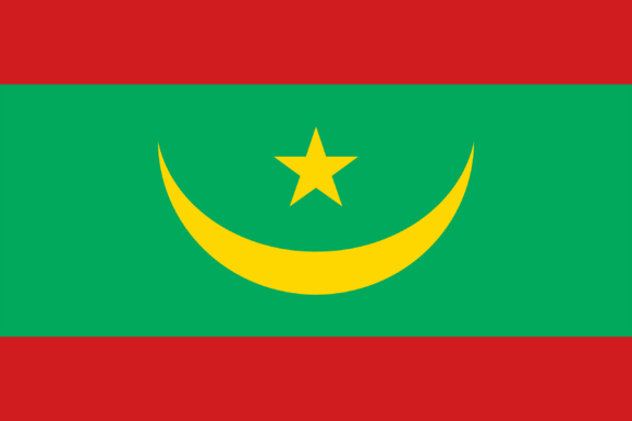 Flag of Mauritania featuring a green background with a horizontal red stripe at the top and bottom, a yellow crescent moon, and a yellow star in the center.