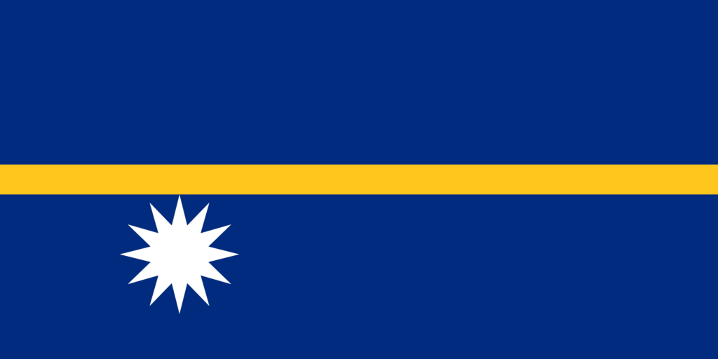 Flag of Nauru with a blue field, a yellow narrow horizontal stripe across the center, and a white 12-pointed star on the bottom half.