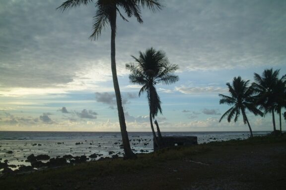Tropical Beach at Dusk with Palm Trees View of the vast Pacific Ocean, underscoring Yaren's geographical isolation and maritime significance