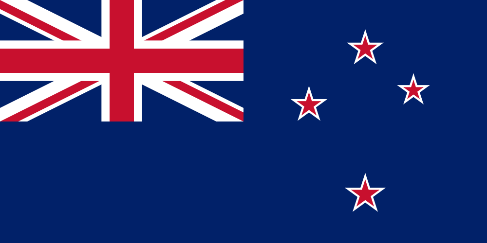 Flag of New Zealand with the Union Jack and four red stars with white borders on a blue background.