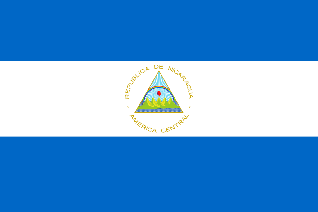 Flag of Nicaragua with horizontal blue and white stripes and the national coat of arms in the center.