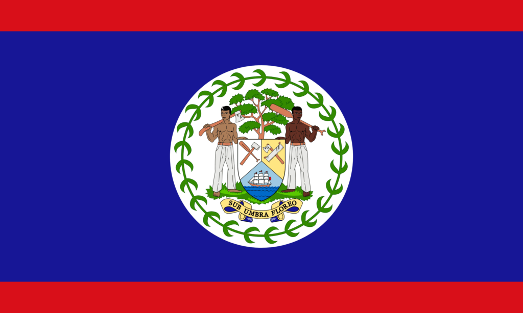 Flag of Belize with a blue background, red stripes at the top and bottom, and the national coat of arms in the center.