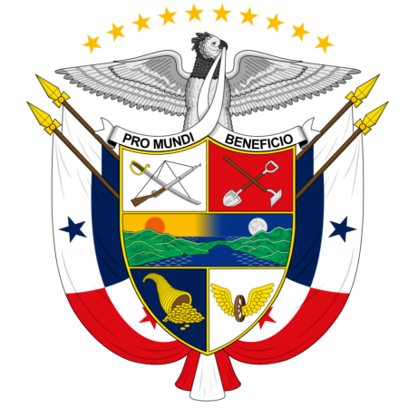 Coat of arms of Panama featuring a shield with symbols, an eagle on top, and flags on either side with the motto "Pro Mundi Beneficio".