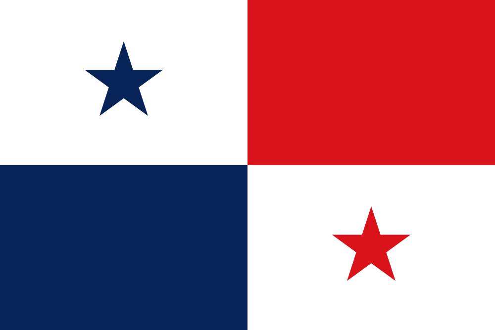 Flag of Panama consisting of four quarters with a white field and blue star in the top left, a red field in the top right, a blue field in the bottom left, and a white field with a red star in the bottom right.