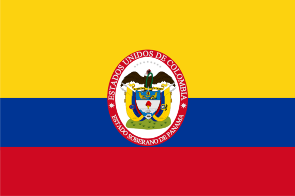 Flag of Panama with a white field, two horizontal bands of blue and red, and the national coat of arms in the center.