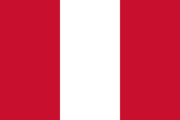 Flag of Peru consisting of three vertical stripes, red on the sides and white in the middle.