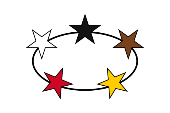 Five-pointed stars in black, white, brown, red, and yellow arranged in a semi-circle on a plain white background.