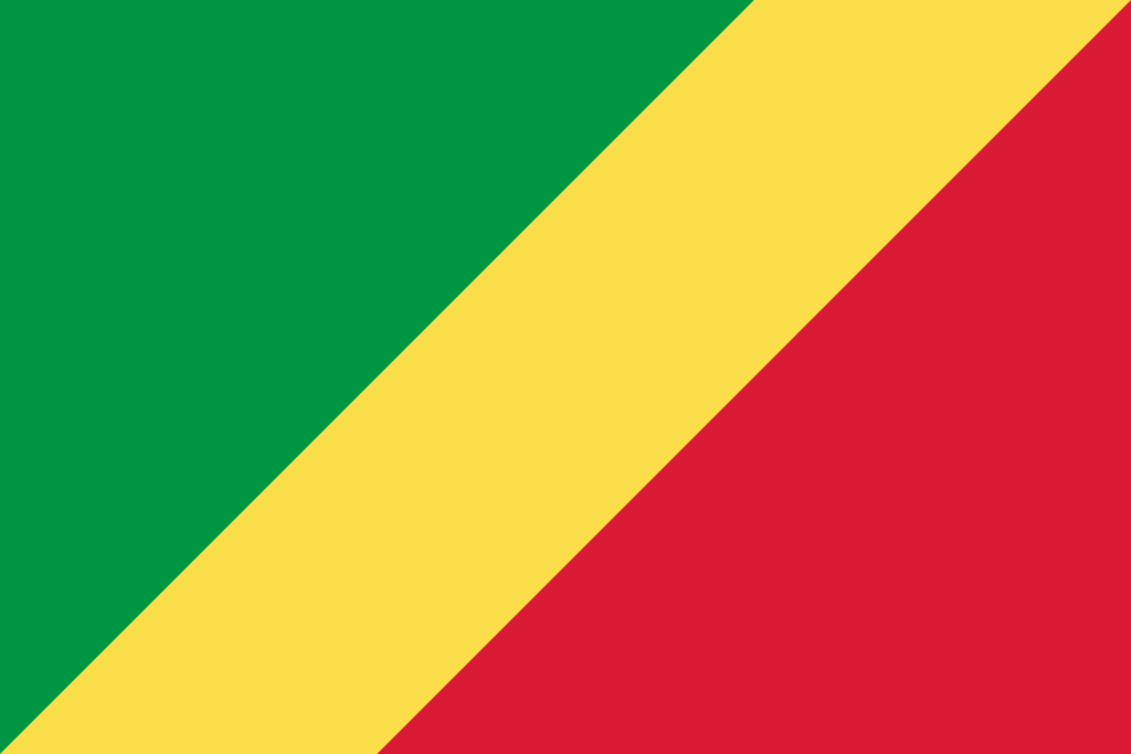 Flag of the Republic of the Congo with green, yellow, and red diagonal stripes.