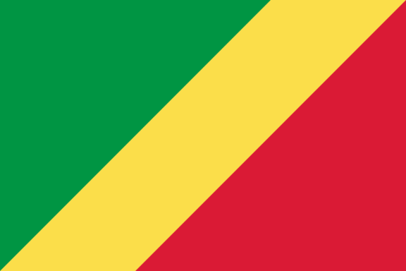 Flag of the Republic of the Congo with green, yellow, and red diagonal stripes.