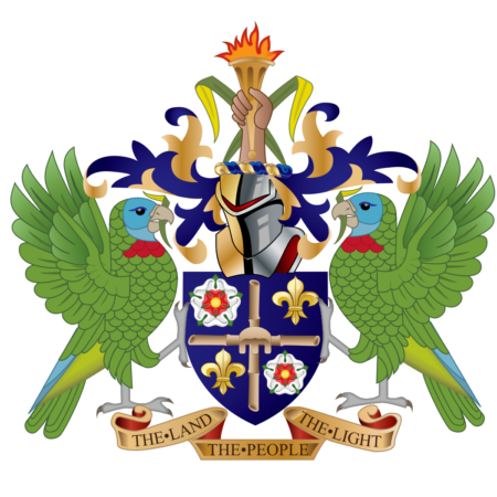 Coat of arms of Saint Lucia featuring a shield with symbols, flanked by two parrots with a torch above, and a ribbon with the motto below.