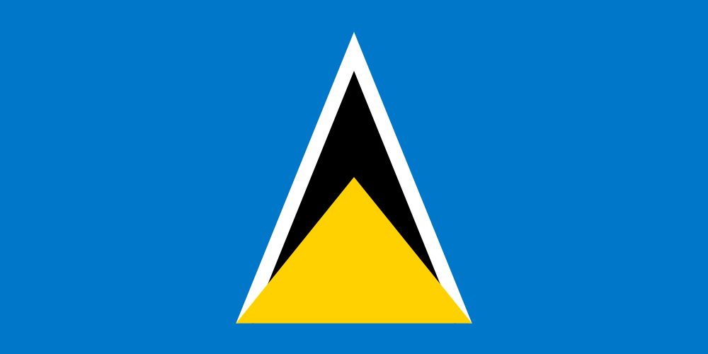 Flag of Saint Lucia with a blue field and a black triangle edged in white, with a smaller yellow triangle within.