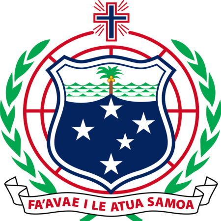 Coat of arms of Samoa featuring a shield with a palm tree and Southern Cross constellation, surrounded by olive branches and a scroll with Samoan text.