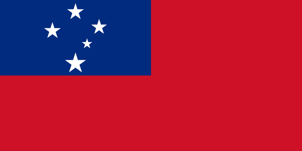 Flag of Samoa with a red field and a blue rectangle in the upper hoist-side quadrant bearing five white stars representing the Southern Cross constellation.