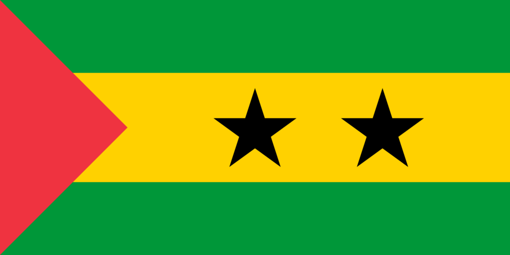 Flag of São Tomé and Príncipe with two black stars above a yellow stripe, flanked by green stripes and a red triangle on the left side.