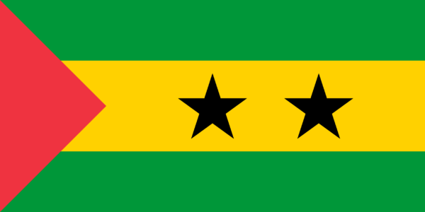 Flag of São Tomé and PrÃncipe with two black stars above a yellow stripe, flanked by green stripes and a red triangle on the left side.