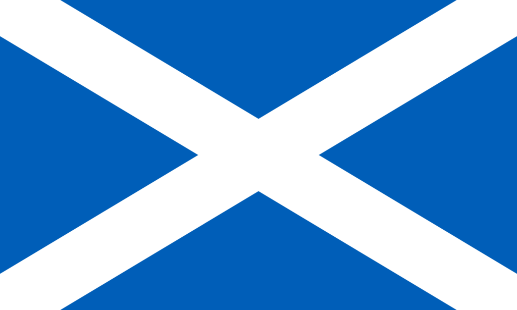 Scotland's official flag with a blue field and a white diagonal cross.