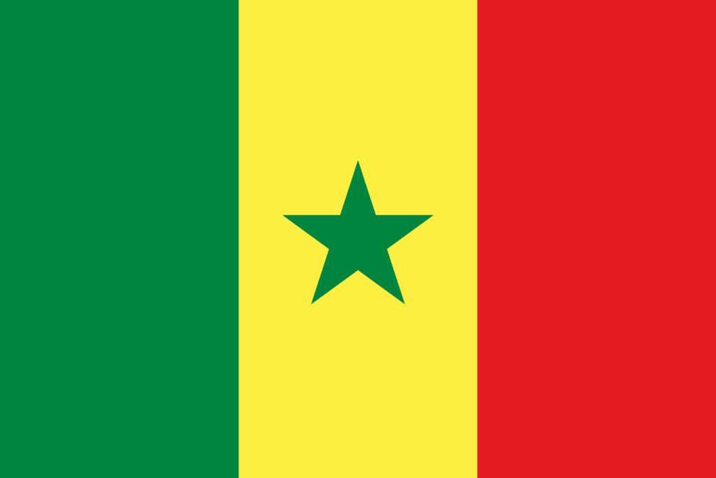 Flag of Senegal with vertical stripes in green, yellow, and red, and a green star in the center.