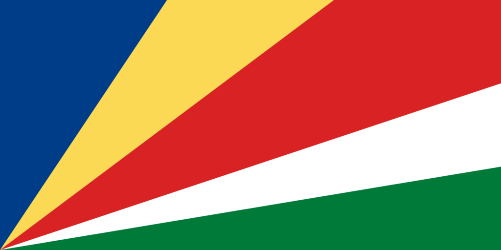 Flag of Seychelles with blue, yellow, red, white, and green oblique bands.