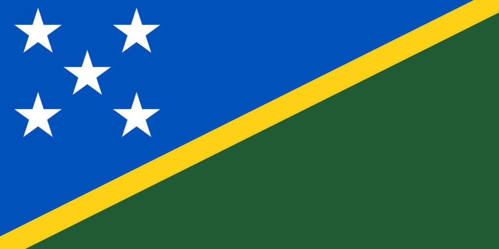 Flag of the Solomon Islands with a blue field and a diagonal yellow stripe over a green lower triangle, adorned with five white stars.