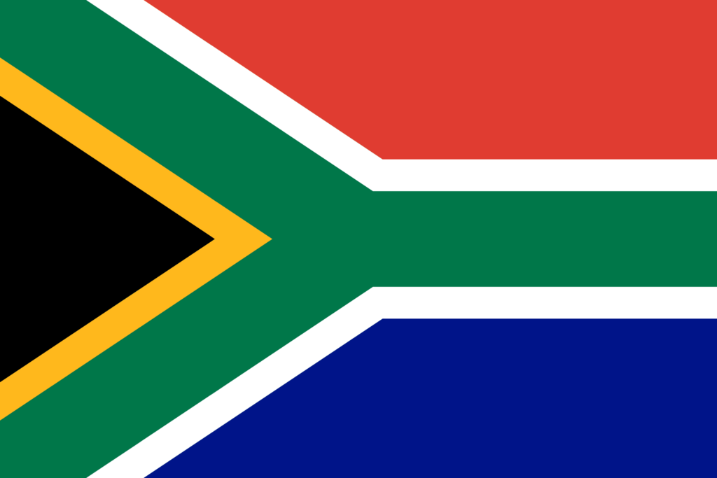 Flag of South Africa with horizontal bands of red, blue, and green, separated by black and white lines, and a black triangle with a yellow border on the hoist side.