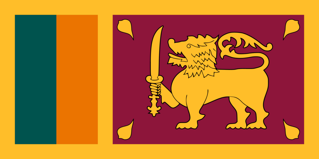 Flag of Sri Lanka with a gold lion holding a sword on a maroon background, flanked by two vertical green and saffron stripes.